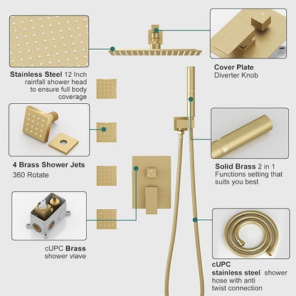 Hoimpro 12 Inch Rainfall Shower Faucet with 4 Full Body Shower Jet Fixtures Combo, Wall Mounted Shower System Set with Rain Mixer Shower Head and 2 in 1 Spray Handheld Showerhead, Brushed Gold