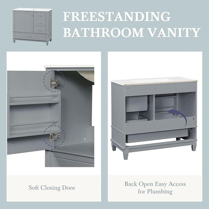 Bathroom Vanity with Ceramic Sink 36 Inch, Cabinet with One Door and Three Drawers, Soft-Closing Door, Solid Wood Legs, Gray