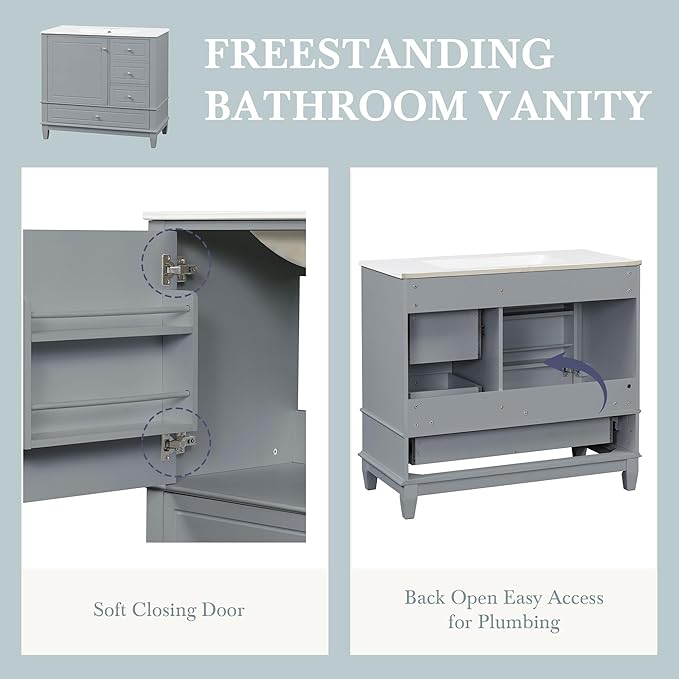 36" Vanity with Sink, Bathroom Vanities 36 Inch with Sink, Single Sink Bathroom Vanity with Door Shelf and Three Drawers, Restroom Vanity with Sink Top (Grey)