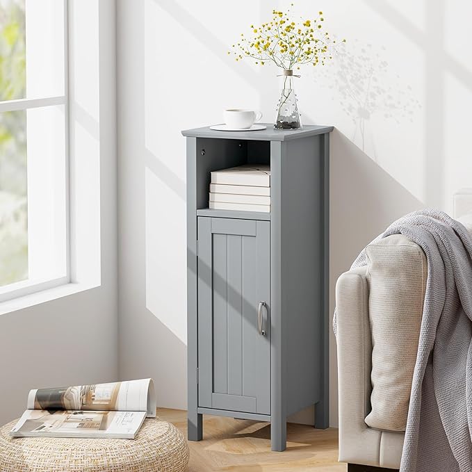 Tangkula Bathroom Floor Cabinet, Freestanding Narrow Storage Cabinet with Anti-Tipping Device, 3-Height Adjustable Shelf, for Bathroom Home Office, 12 x 12 x 31.5 Inches (Grey)