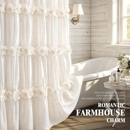 Boho Ruffle Farmhouse Fall Linen Shower Curtain Vintage Cream 72" W x 72" H | Fall Linen Blend Fabric, Ruffle Bow and Ruffled Hem，Linen Texture，Machine Washable，12 Metal Holes and Plastic Hooks