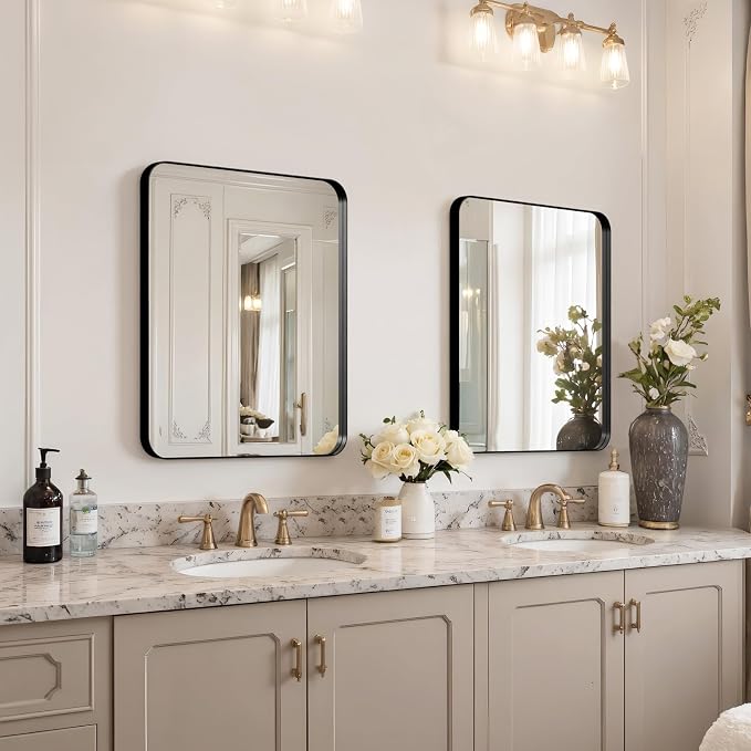 20"x16" Bathroom Vanity Mirror for Wall Aluminum Framed Farmhouse Rectangle | Anti-Rust, HD Reflection Anti-Desilvering, Distortion Free, Tempered and Shatter-Proof Wall Mounted Mirror, Black