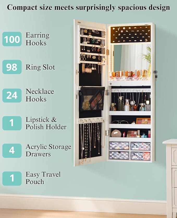 LUXFURNI Wall & Door‑Mounted Storage Jewelry Armoire Cabinet with Mirror | Built‑in LED Mirror, Acrylic Lipstick Tray, 4 Clear Drawers, Large Velvet‑Lined Storage, Wall & Door‑Mounted, Lockable