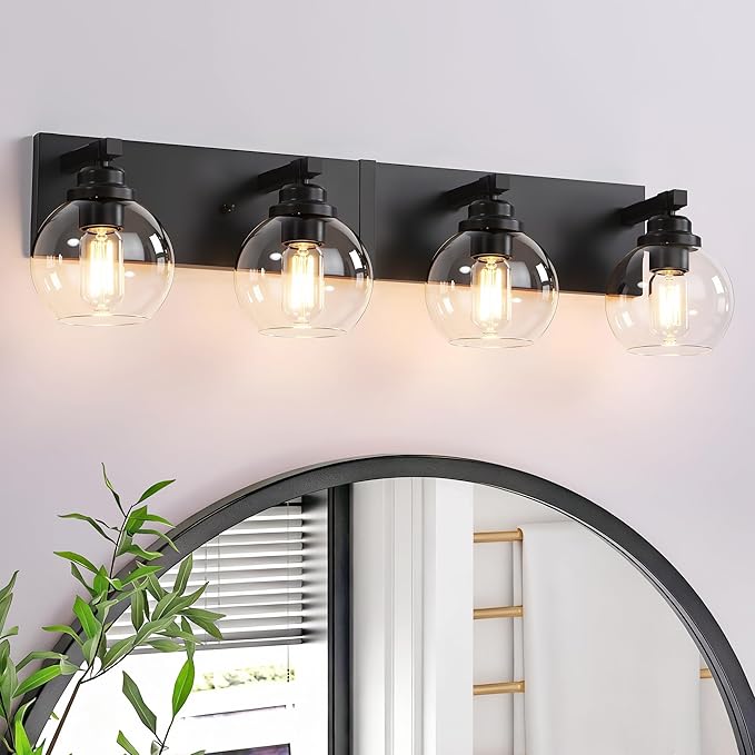 Bathroom Light Fixtures, 4-Light Matte Black Vanity Lights, Modern Bathroom Lighting Fixtures Over Mirror, Farmhouse Vanity Lights with Glass Shade for Living Room, Bedroom, Hallway