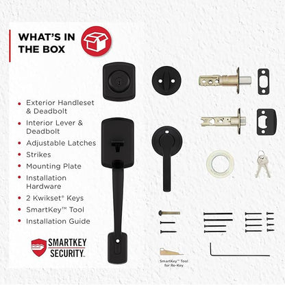 Kwikset Henley Front Door Lock Handle and Deadbolt Set, Entry Handleset Exterior with Interior Reversible Lever, Matte Black, Pick Resistant SmartKey Rekey Deadbolt Security, with Microban Protection