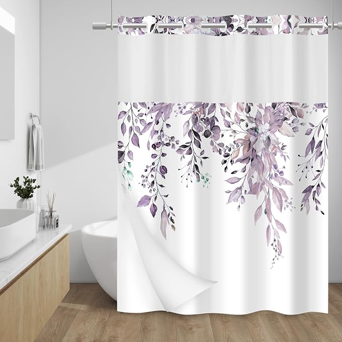 No Hook Floral Shower Curtain with Liner, Eucalyptus Plum, 71x74 | Snap in Liner, 3 in 1, Water Repellent, Easy Install, Machine Washable, Hotel Style for Bathroom, Watercolor Pattern