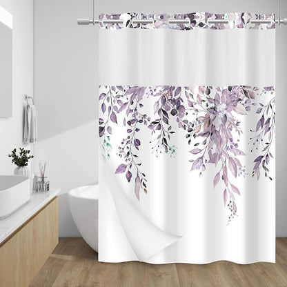 No Hook Floral Shower Curtain with Liner, Eucalyptus Plum, 71x74 | Snap in Liner, 3 in 1, Water Repellent, Easy Install, Machine Washable, Hotel Style for Bathroom, Watercolor Pattern