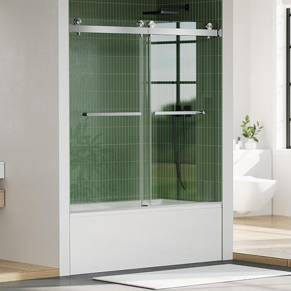 60" x 59" Frameless Sliding Shower Door for Bathtub, Dual 1/4" Brushed Tempered Glass Panels, Stainless Steel Square Top Rail & Dual Handles, Smooth Bi-Directional Sliding, Space-Efficient