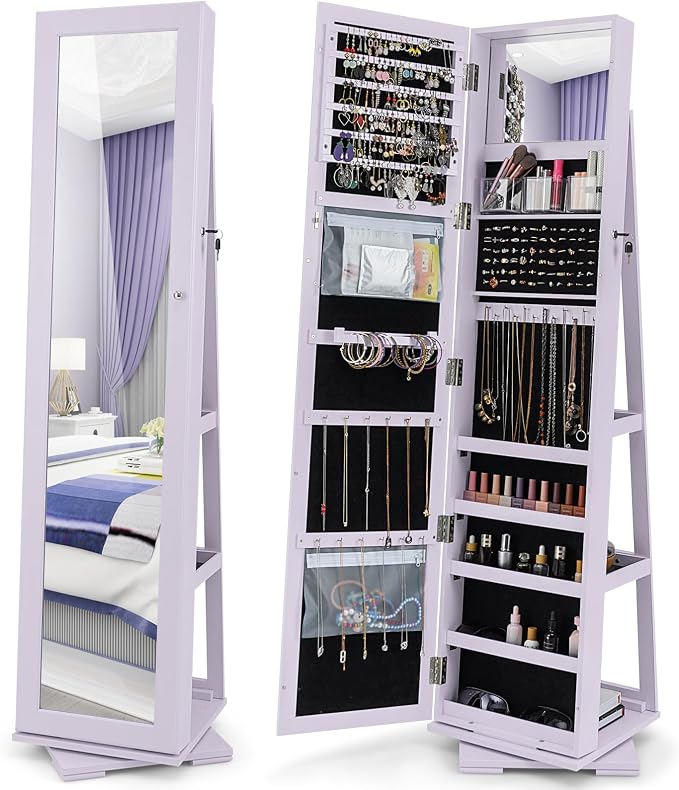 LOKO 360° Rotating Jewelry Armoire, Freestanding Jewelry Cabinet with Inside Makeup Mirror, 2-in-1 Lockable Jewelry Organizer w/Full-Length Mirror for Women (Lavender)