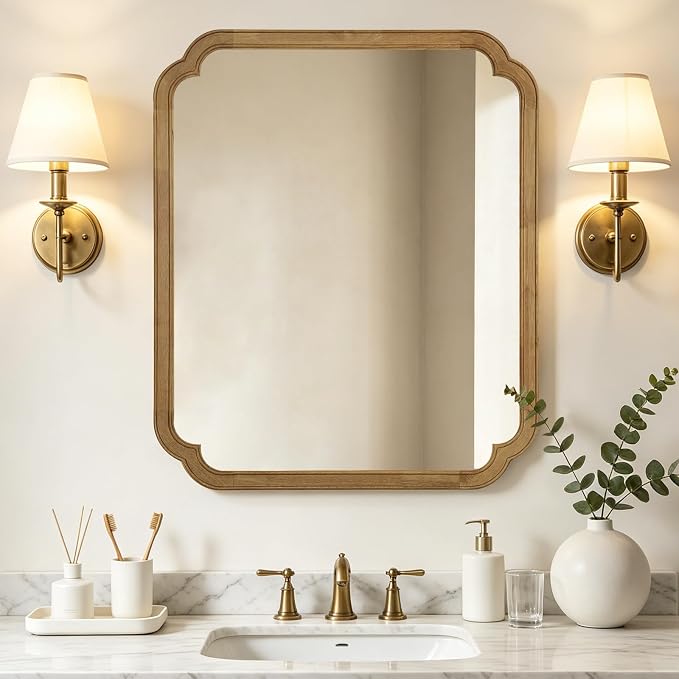 30" x 36" Wood Bathroom Mirror for Wall Mounted, Rustic Rounded Corner Wood Frame Wall Mirror for Entryway, Living Room or Bedroom Home Decorative, Natural