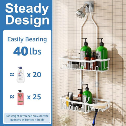 Upgraded Extended Length Shower Organizer with Hooks, Rustproof Shampoo Soap Holder, Large Hanging Bathroom Caddy, White