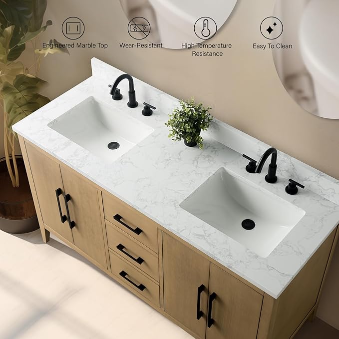 Vanity Art 60 inch Bathroom Vanity with Double Sink & Ceramic Top, Vanity Cabinet with Soft-Closing Doors, Drawers, Solid Wood Frame, Natural Oak, VVA9060-DNO-MB1