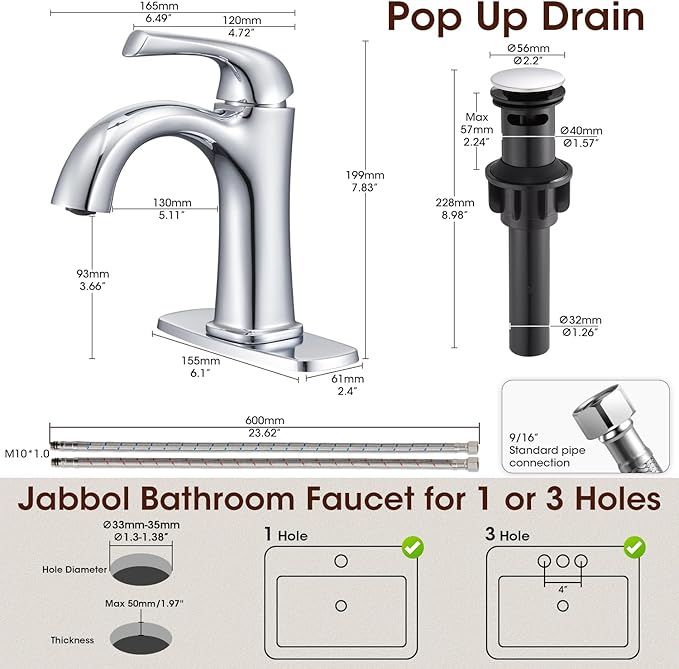 Polished Chrome Single Hole Bathroom Faucet, Single Handle Brass Bathroom Sink Faucet, Lavatory Vanity Faucet for 1 or 3 Holes, Bathroom Faucets with Pop Up Drain and Supply Lines, Deck Plate