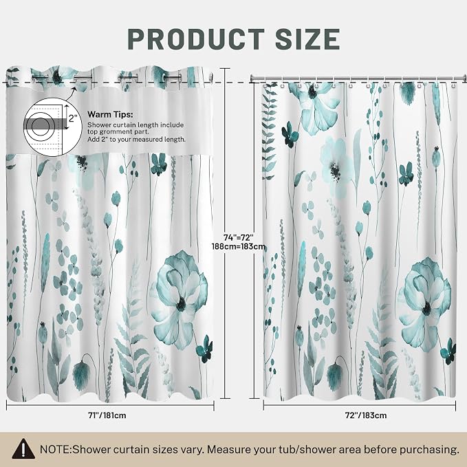 No Hook Floral Shower Curtain with Liner, Seaweed Green, 71x74 | Snap in Liner, 3 in 1, Water Repellent, Easy Install, Machine Washable, Hotel Style for Bathroom, Watercolor Pattern