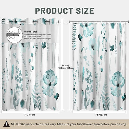 No Hook Floral Shower Curtain with Liner, Seaweed Green, 71x74 | Snap in Liner, 3 in 1, Water Repellent, Easy Install, Machine Washable, Hotel Style for Bathroom, Watercolor Pattern