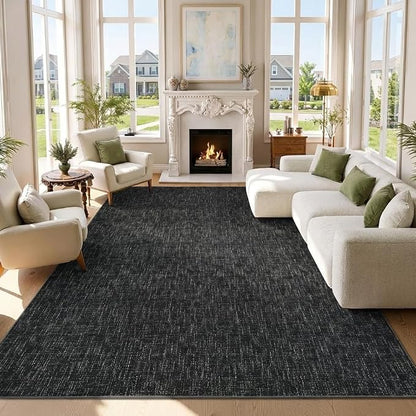 Garvee Washable Rugs 8x10 Solid Color Area Rugs for Living Room, Black | Modern Textured Non Slip Backing Low Pile Non Shedding Stain Resistant Neutral Rug for Dining Room Nursery Bedroom