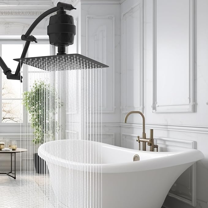 Hibbent 10'' Filtered Rain Shower Head with 16'' Extension Arm, Matte Black | High Pressure Rainfall Showerhead, Brass Adjustable Shower Head Extension Arm, 20 Stage Shower Filter, Fixed Showerheads