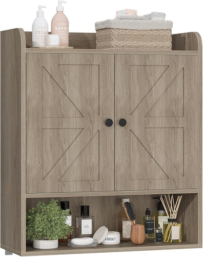 EasyCom 22" W x 26" H Bathroom Wall Cabinet, Farmhouse Medicine Cabinet with Adjustable Shelves and Double Barn Doors, Over The Toilet Storage Cabinet for Bathroom, Kitchen, Living Room, Oak Grey