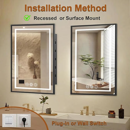 LED Medicine Cabinet Mirror for Bathroom 16x24 Inch, Recessed Medicine Cabinets with Lights, Black Anti-Fog Bathroom Mirror with Storage, Removable 2 Shelves, Adjustable 3 Colors