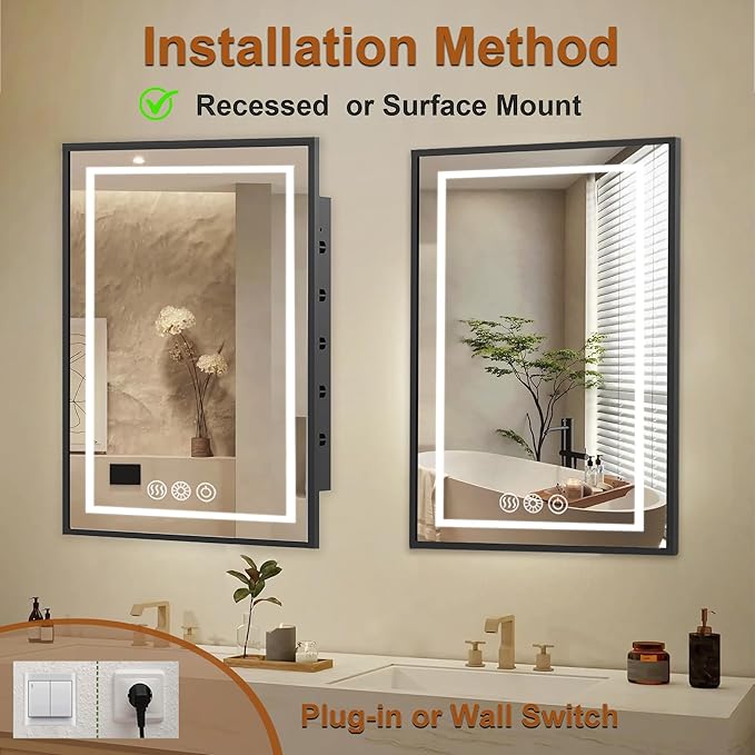 LED Medicine Cabinet Mirror for Bathroom 20x26 Inch, Recessed Medicine Cabinets with Lights, Black Anti-Fog Bathroom Mirror with Storage, Full Metal, Adjustable Shelves, 3 Colors