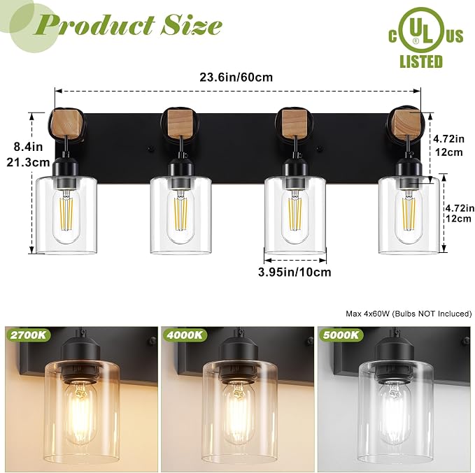 4-Lights Farmhouse Vanity Lights for Bathroom, Matte Black Bathroom Light Fixtures with Clear Glass Shade, Rustic Wood Wall Lighting Fixtures Over Mirror for Bedroom, Living Room, Hallway