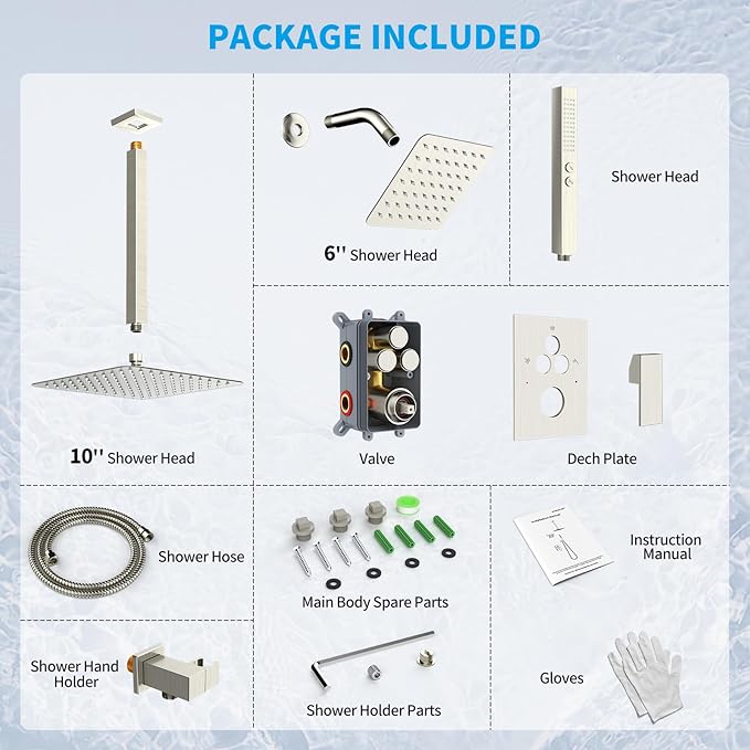 Shower Faucet Set Shower System - EMBATHER Brushed Nickel Push Button Diverter Dual Shower Faucet Valve Kit with Rain Ceiling Mount 10 Inch Shower Head 6 Inch Wall Mount, 2 in 1 Handheld for Couple