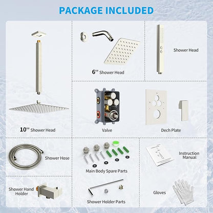 Shower Faucet Set Shower System - EMBATHER Brushed Nickel Push Button Diverter Dual Shower Faucet Valve Kit with Rain Ceiling Mount 10 Inch Shower Head 6 Inch Wall Mount, 2 in 1 Handheld for Couple