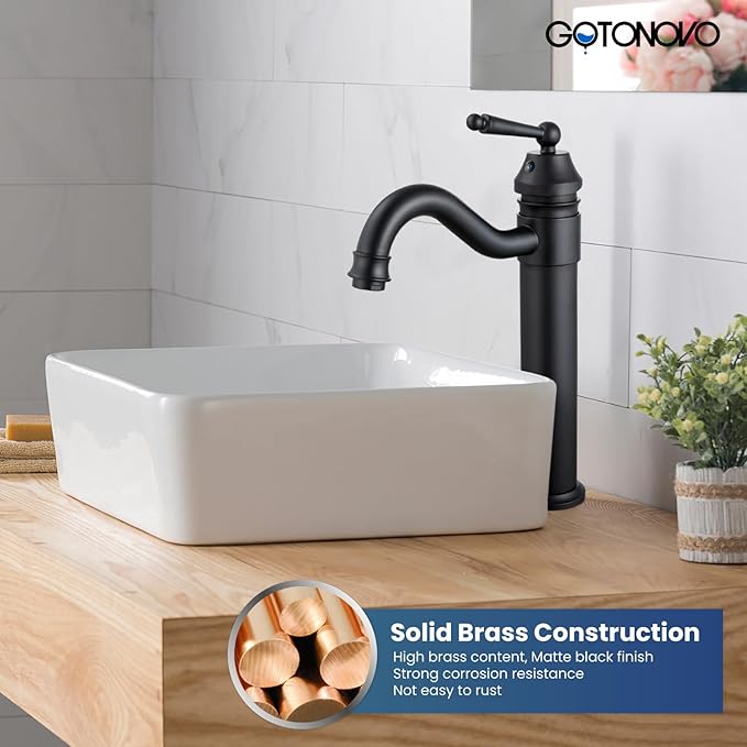 gotonovo Bathroom Vessel Sink Faucet Single Handle Brass Long Reach Bathroom Faucet 1 Hole Deck Mounted Mixer Tap with Pop Up Drain Matte Black