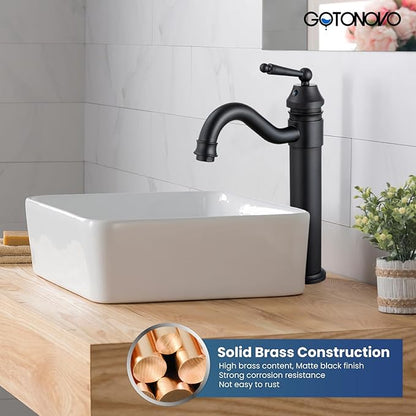 gotonovo Bathroom Vessel Sink Faucet Single Handle Brass Long Reach Bathroom Faucet 1 Hole Deck Mounted Mixer Tap with Pop Up Drain Matte Black