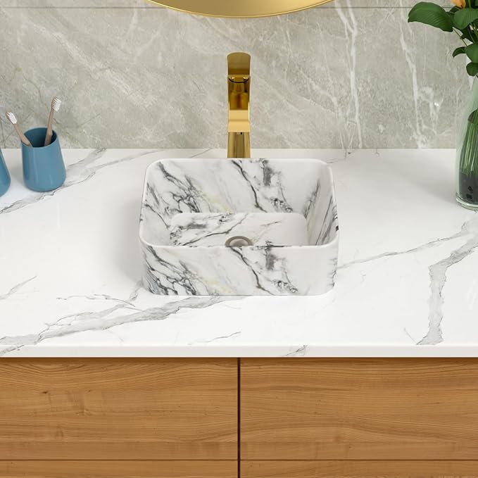 Lordear Bathroom Sink Above Counter 16"x12" Rectangle Vessel Sink Marble Porcelain Ceramic Vessel Sink, Rectrangular Above Counter Sink Art Basin