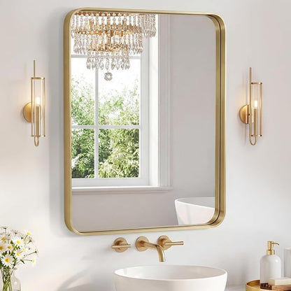 NEWBULIG Bathroom Mirror for Over Sink, 28X36 Inch Wall Vanity Mirror | Wall Mount, Tempered Glass, Anti-Rust Metal Framed, Rounded Rectangle, Farmhouse Home Decor, Gold