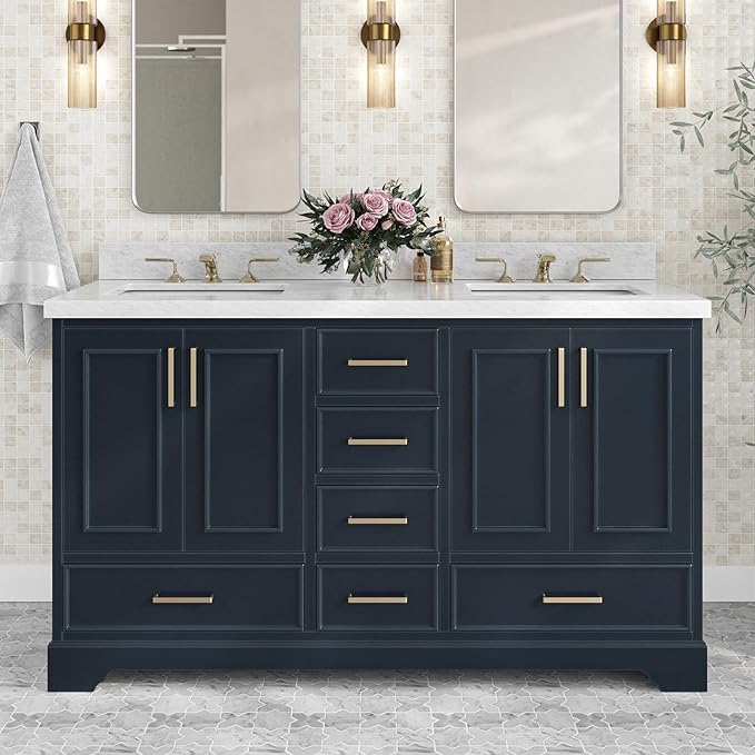 ARIEL Stafford 60-inch Bathroom Vanity with Sink,Solid Wood, 1.5-inch Italian Carrara Marble Countertop, Double Rectangular Porcelain Sink, 4 Soft Closing Doors, 6 Dovetail Drawers, Midnight Blue