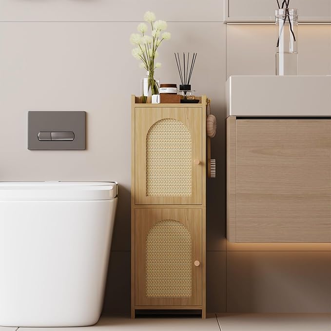Rattan Bathroom Storage Cabinet,Corner Floor Cabinet with 2 Doors and Adjustable Shelf, Narrow Toilet Paper Cabinets with 2Hooks,Toilet Organizer for Small Spaces,7.87"D*9.84"W*29.72"H Oak