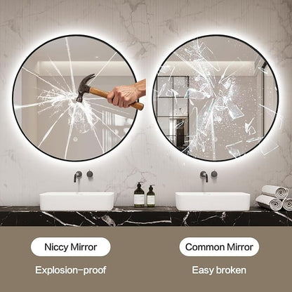 Niccy Round LED Bathroom Mirrors, Black Framed Backlit Vanity Mirror, 24" | LED Smart Circle Mirror with 3 Color Lighting, Anti-Fog Lighted, IP65 Waterproof, Wall Mounted Bathroom Vanity
