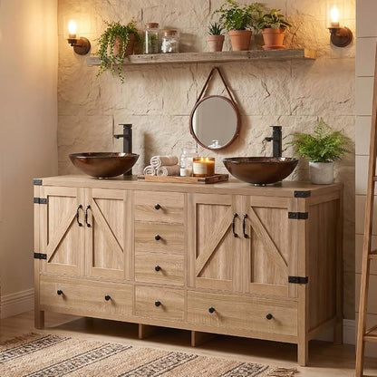 60 inch Natural Color Bathroom Vanity, Rustic Fixture Standing Pedestal Cabinet with Two Brown Brown Glass Sinks