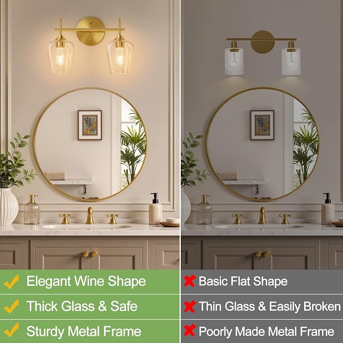 MOKATNG 2-Light Bathroom Light Fixtures, Gold Vanity Lights for Bathroom with Clear Glass, Bathroom Lighting Fixtures Over Mirror, Modern Wall lamp for Cabinet Hallway