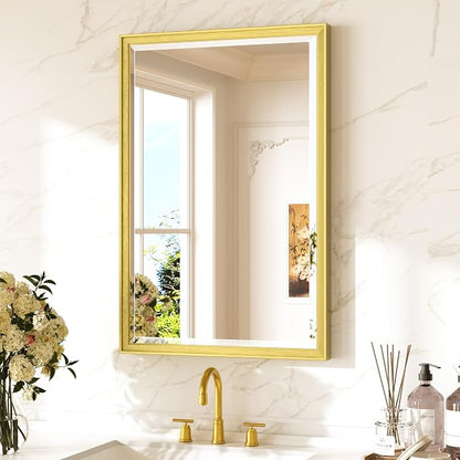 Keonjinn 20" x 30" Gold Bathroom Mirror for Over Sink, Aluminum Alloy Frame | Safe Tempered Glass, Effortless French Cleat Installation, Shatterproof, Rectangle Transitional Gold Vanity Mirror for Wall