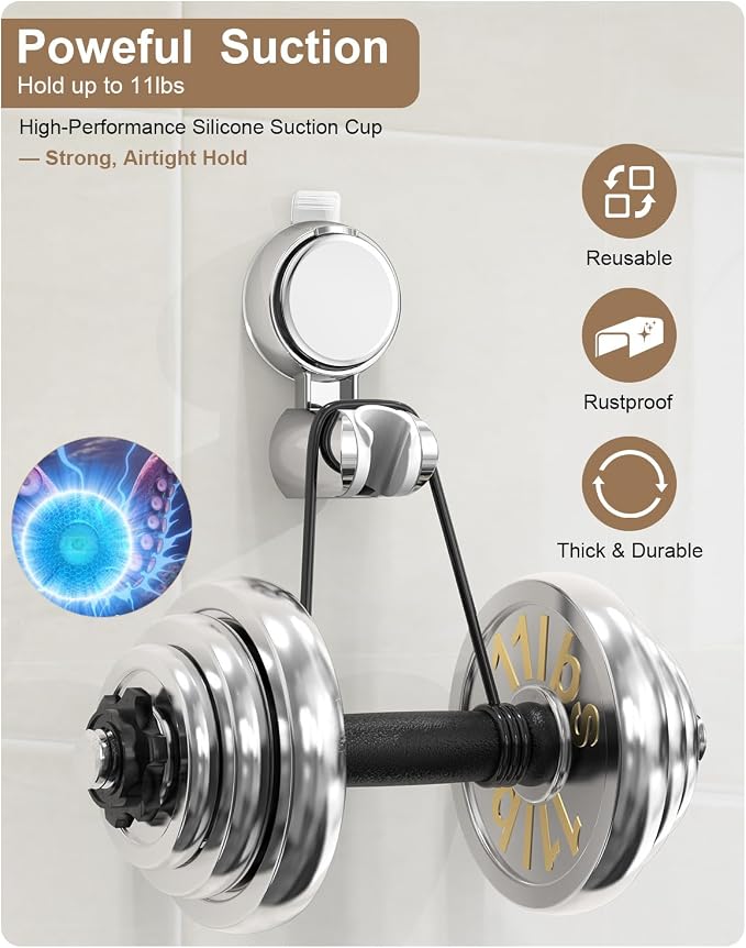 JOTPE Suction Cup Shower Head Holder, Adjustable No Drill Wall Mount Silver | 5-Angle Adjustable Shower Head Holder Fits Most Handheld Shower Heads, Reusable Suction Cup Mounts Without Drilling