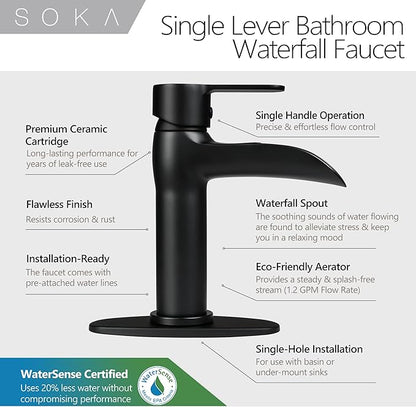 Matte Black Bathroom Faucet Waterfall Bathroom Sink Faucets Single Handle Single Hole Lavatory Washbasin Faucet with Pop Up Drain, Modern Vanity Sink Faucet