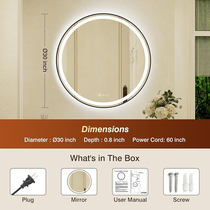 30 Inch Round Black Framed LED Bathroom Mirror with Lights,Smart Bathroom Mirror,Motion Sensor,Tempered Glass,Anti-Fog,Stepless Dimmable & 3 Colors,Memory,Vanity Mirror for Wall