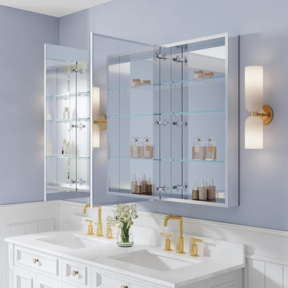 56" x 36" Bathroom Medicine Cabinet with Mirror, Anodized Chrome Aluminum Frame, Surface Mount or Recessed Medicine Cabinet with Mirror, Bathroom Mirror with Storage, Three Doors