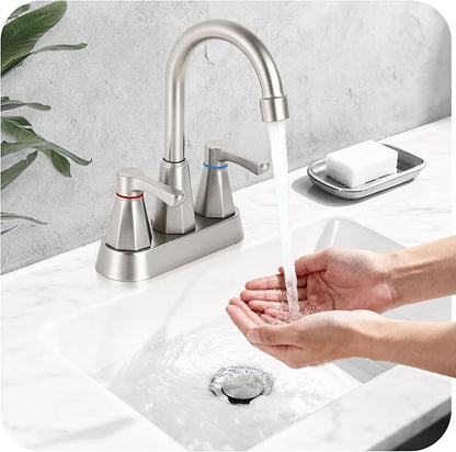 Brushed Nickel Bathroom Faucet 3 Hole, 4 Inch 2-Handle Centerset Bathroom Sink Faucet, Faucet for Bathroom Sink 360° Swivel Bathroom Faucets RV Lavatory Vanity Faucet with Pop-up Drain