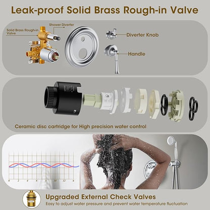 Rain Shower Head with Handheld Spray, Rainfall Shower System with Rough-in Valve, Shower Faucet Set with Pressure Balance Valve, 9 Inch Luxury Shower Trim Kit Wall Mount, Polished Chrome