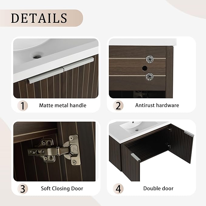 SSLine Wall Mounted Bathroom Vanity with Sink Combo Modern 36-Inch Single Bathroom Vanity Set with Top Basin &Storage Cabinet Wood Hanging Bath Cabinet w/Resin Sink for Small Space(Dark Brown Stripe)