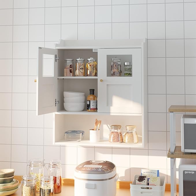 Bathroom Wall Cabinet, Medicine Cabinet with 2 Glass Door and Adjustable Shelves,White Wall Mounted Cabinet Over The Toile,3-Tier Wood Hanging Storage for Bathroom,Kitchen,Living,Laundry Room
