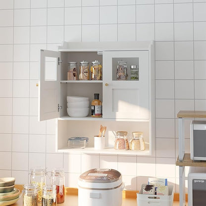 Bathroom Wall Cabinet, Medicine Cabinet with 2 Glass Door and Adjustable Shelves,White Wall Mounted Cabinet Over The Toile,3-Tier Wood Hanging Storage for Bathroom,Kitchen,Living,Laundry Room