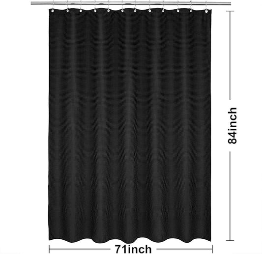 Barossa Design Extra Long Waffle Weave Shower Curtain 71" W x 84" H - Hotel Luxury Spa, 230 GSM Heavy Weighted Fabric, Water Repellent, Black, 71x84