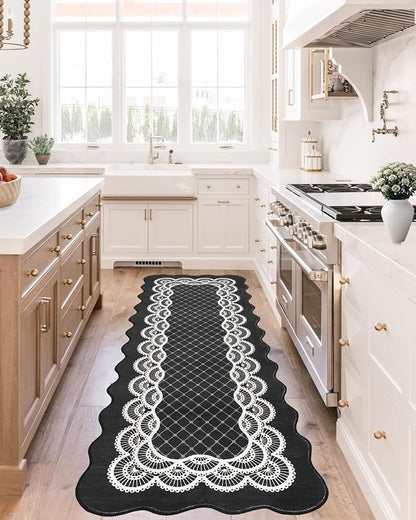 GarveeHome Hallway Black Rug 2x6 Washable Scalloped Runner Rugs for Kitchen Bathroom Non-Slip Modern Bordered Bedside Rug, Non-Shedding Scalloped Carpet Runners for Laundry Room, Entryway, Black