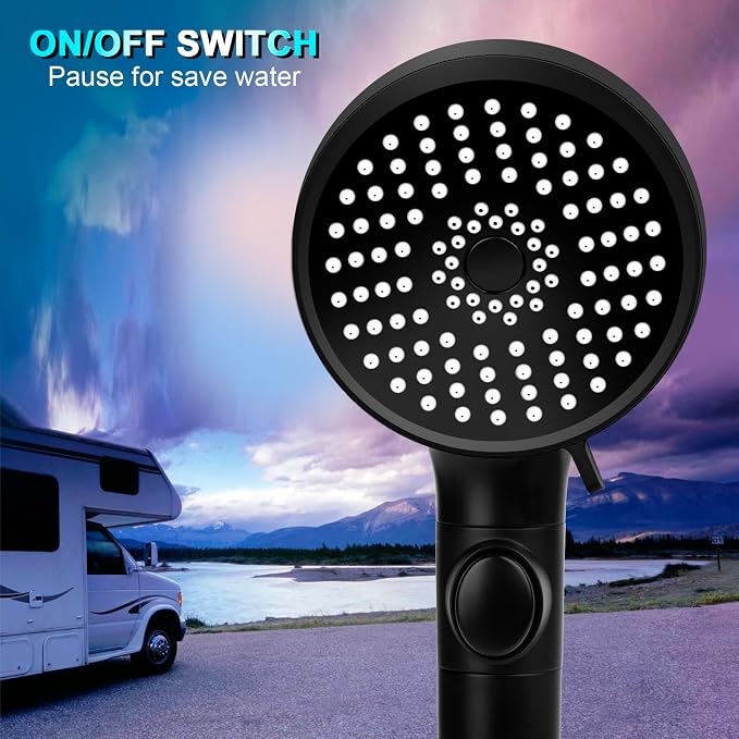 FOCSPROD RV Shower Head with Hose, High Pressure 5 Mode Shower Head Replacement, Handheld Showerhead for RV/Campers, Travel Trailer for Water Saving, Showerheads Holder and Hose, On Off Switch, Black