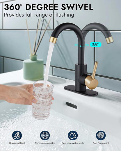 Midanya Single Hole Bathroom Faucet 1 Hole Bar Sink Faucet Suitable for Kitchen RV Vanity,304 Stainless Steel 360° Swivel Spout with Deck Plate and Pop-up Drain,Brushed Gold and Matte Black